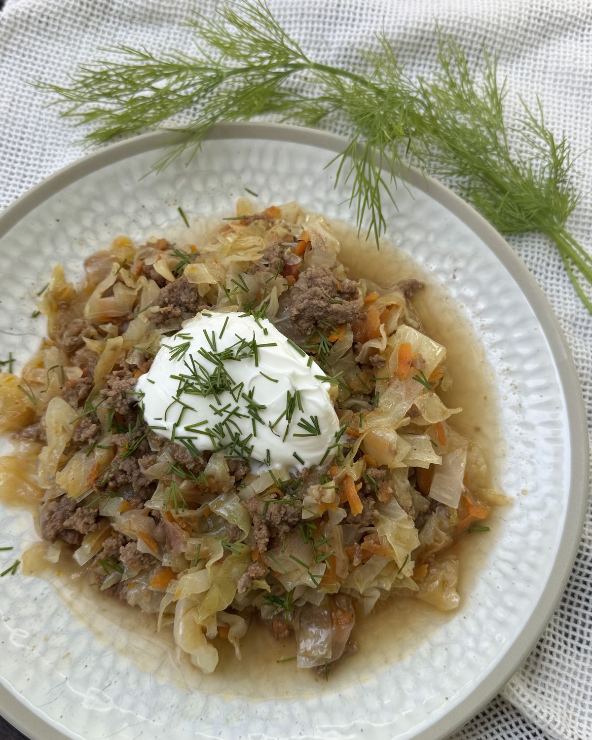 Slow-braised cabbage and beef stew with Greek yogurt and dill